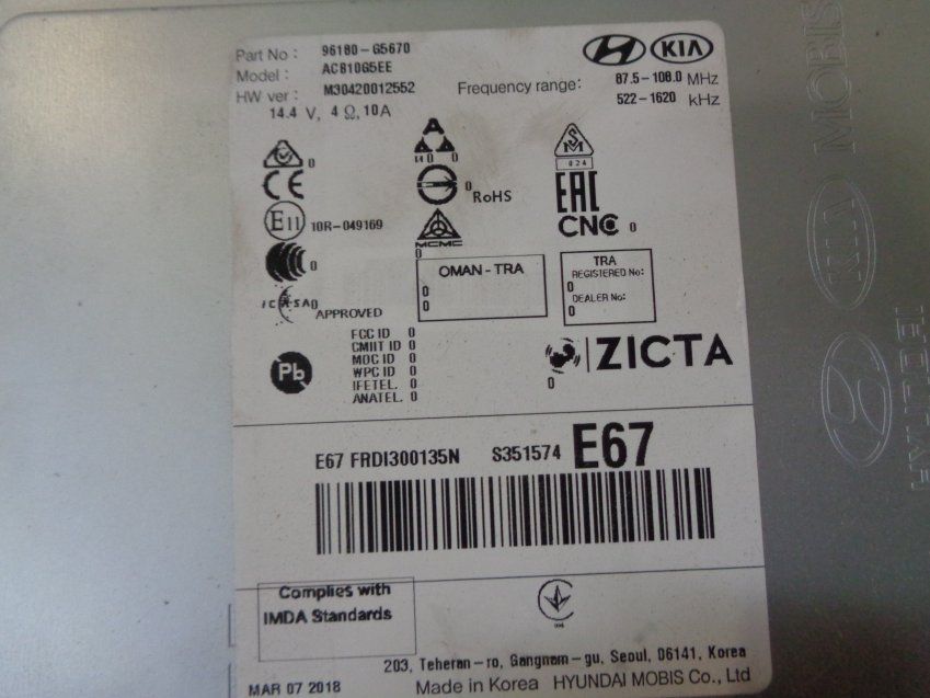 RADIO KIA NIRO 2018 Ref. ACB10G5EE